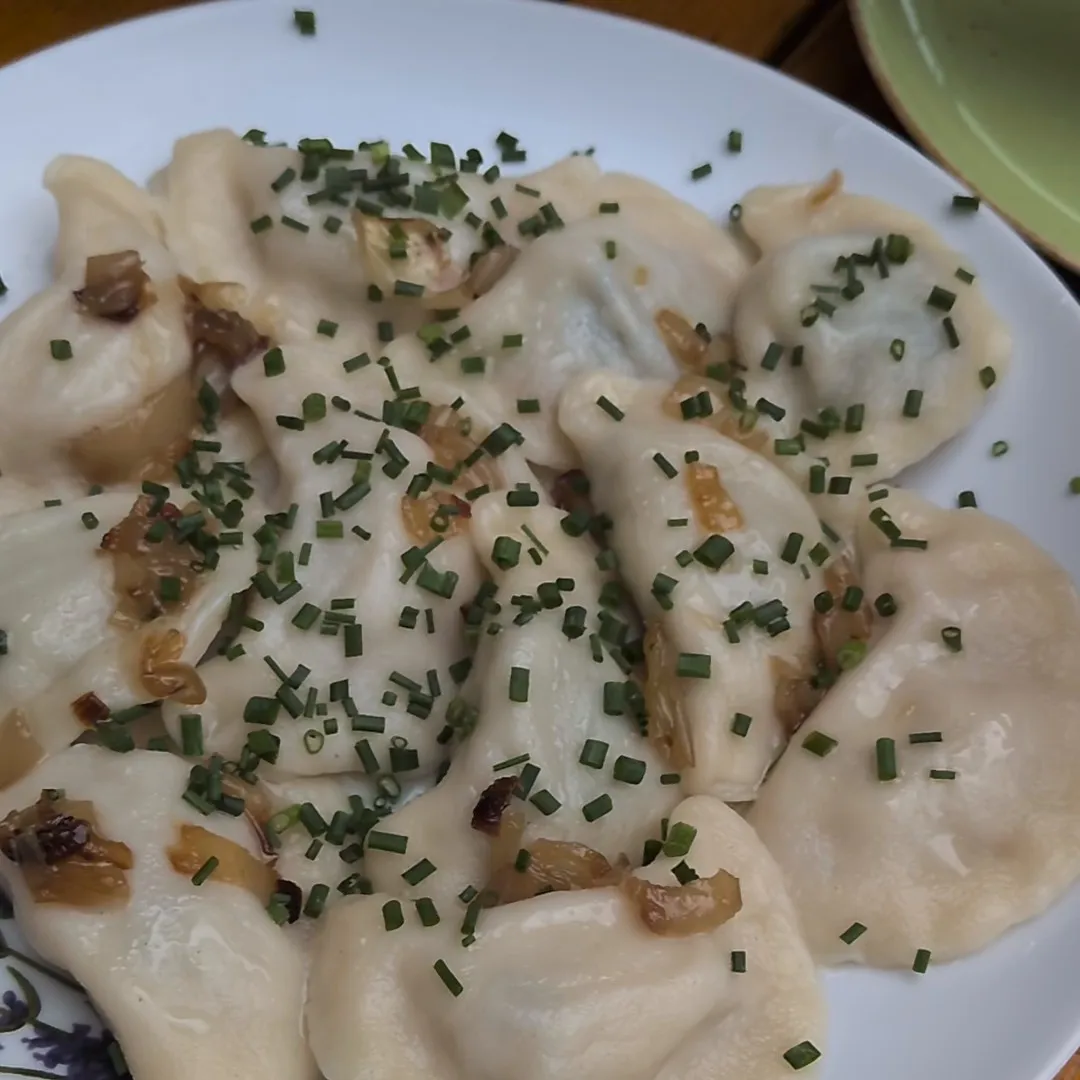 A white plate of Polish pierogi topped with chopped chives and fried onions, on a yellow wooden café table