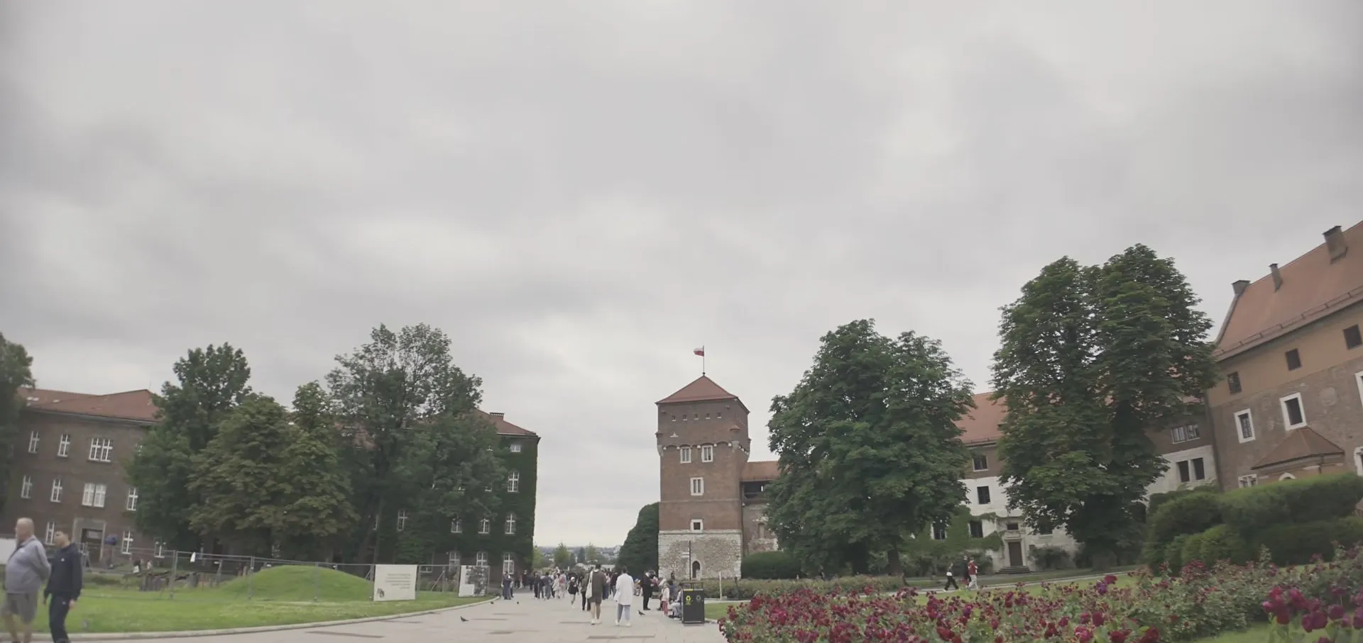 The outer courtyard on Wawel Hill with lawns, trees and red rose beds, and a brick tower in the distance under a grey sky